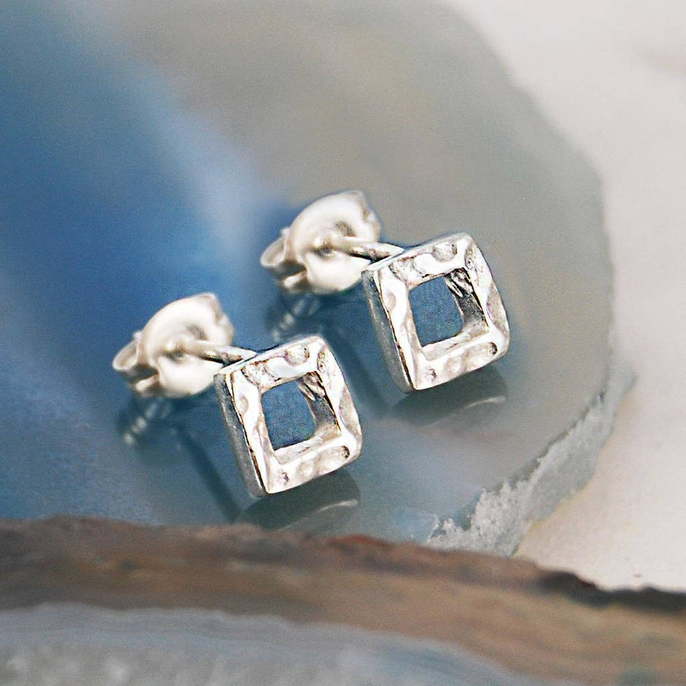 Battered Square Silver Stud Earrings - Otis Jaxon Silver Jewellery