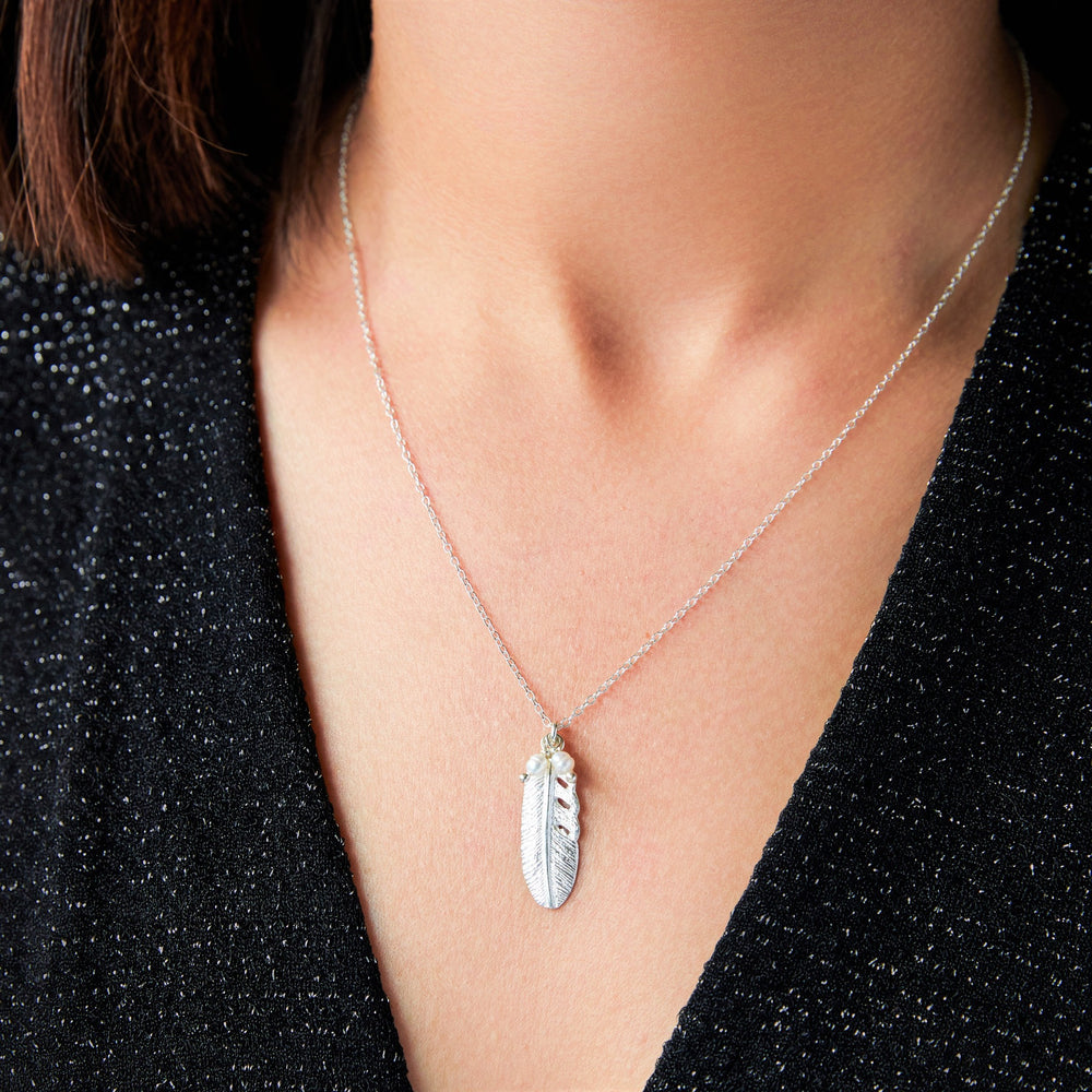Silver Feather Necklace with Pearls - Otis Jaxon Silver Jewellery