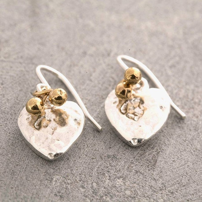 Organic Heart Silver Drop Earrings with Gold Beads - Otis Jaxon Silver Jewellery