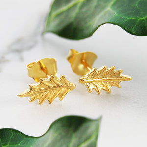 Christmas Holly Leaf Gold Stud Earrings - Otis Jaxon Silver Jewellery