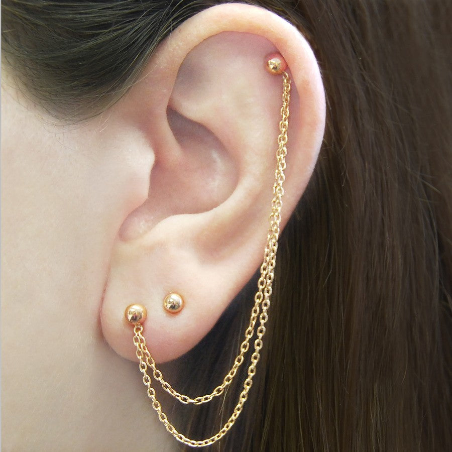 
            
                Load image into Gallery viewer, Ball Stud Rose Gold Chain Earrings - Otis Jaxon Silver Jewellery
            
        