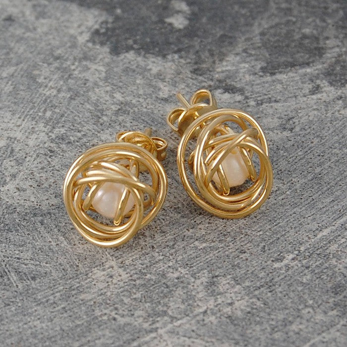 Caged Pearl Gold Knot Earrings in White - Otis Jaxon Silver Jewellery