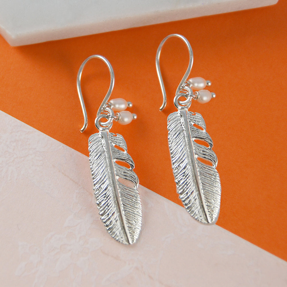 Silver Feather Drop Earrings with Pearls - Otis Jaxon Silver Jewellery