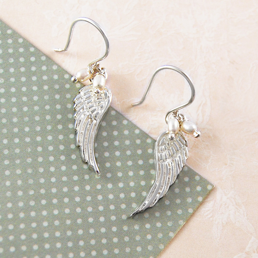 Silver Angel Wing Pearl Drop Earrings - Otis Jaxon Silver Jewellery
