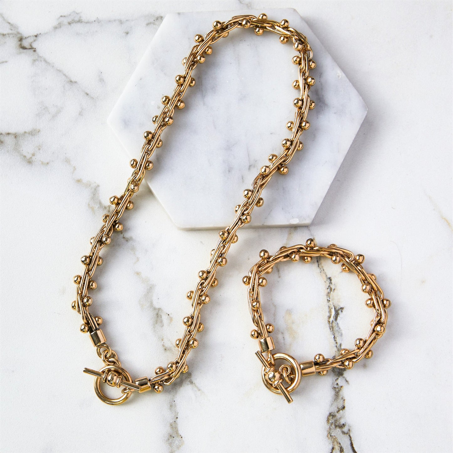 Peppercorn Chunky Gold Sterling Silver Statement Necklace and Bracelet Set