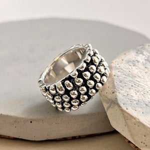 
            
                Load image into Gallery viewer, Oxidised Chunky Sterling Silver Hedgehog Bubble Ring
            
        