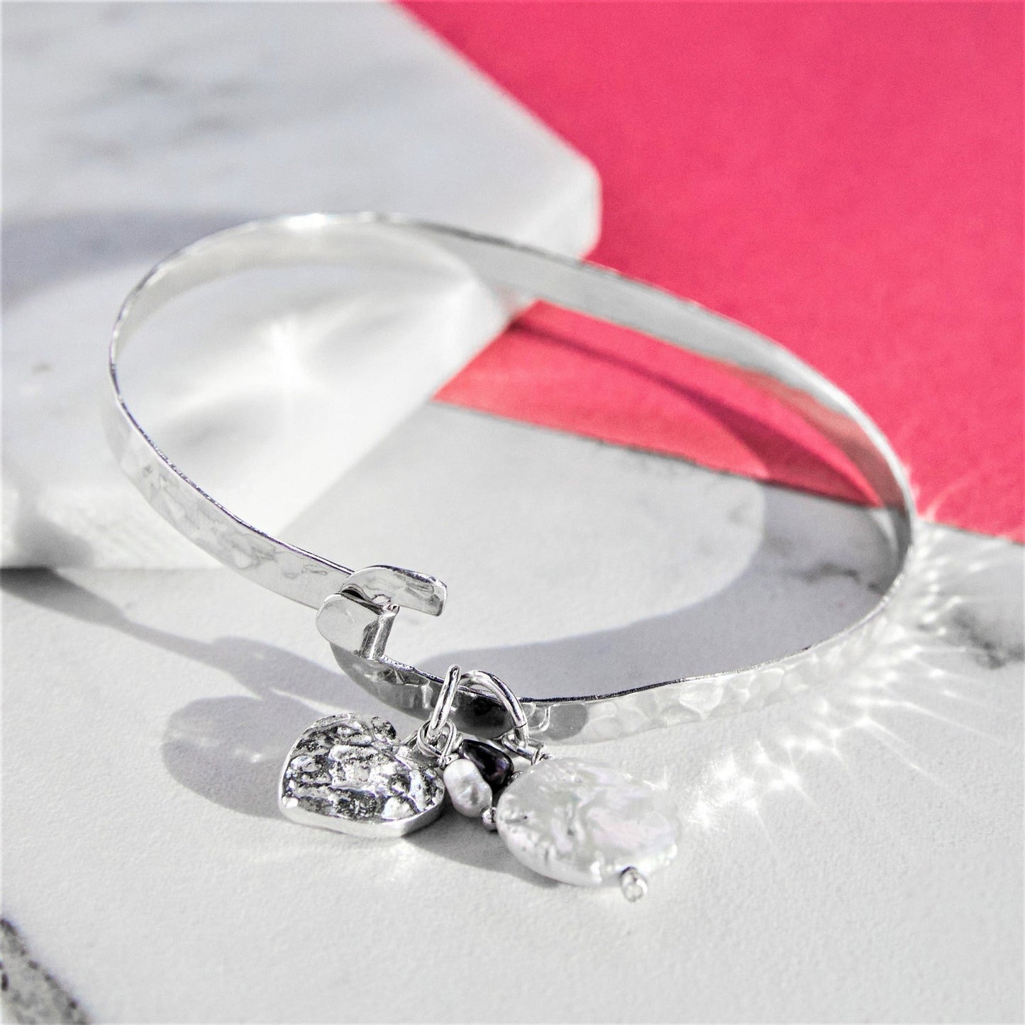 Organic Silver Heart Bangle with Pearls - Otis Jaxon Silver Jewellery
