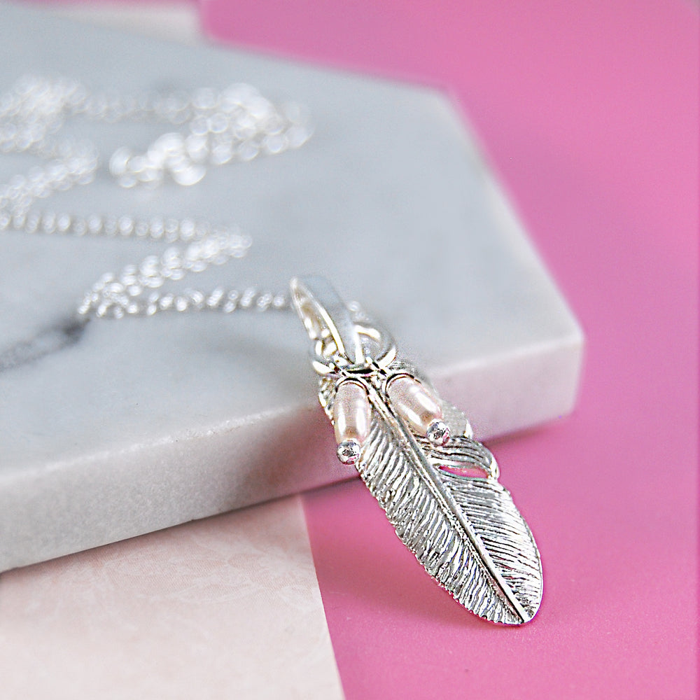 
            
                Load image into Gallery viewer, Silver Feather Necklace with Pearls - Otis Jaxon Silver Jewellery
            
        