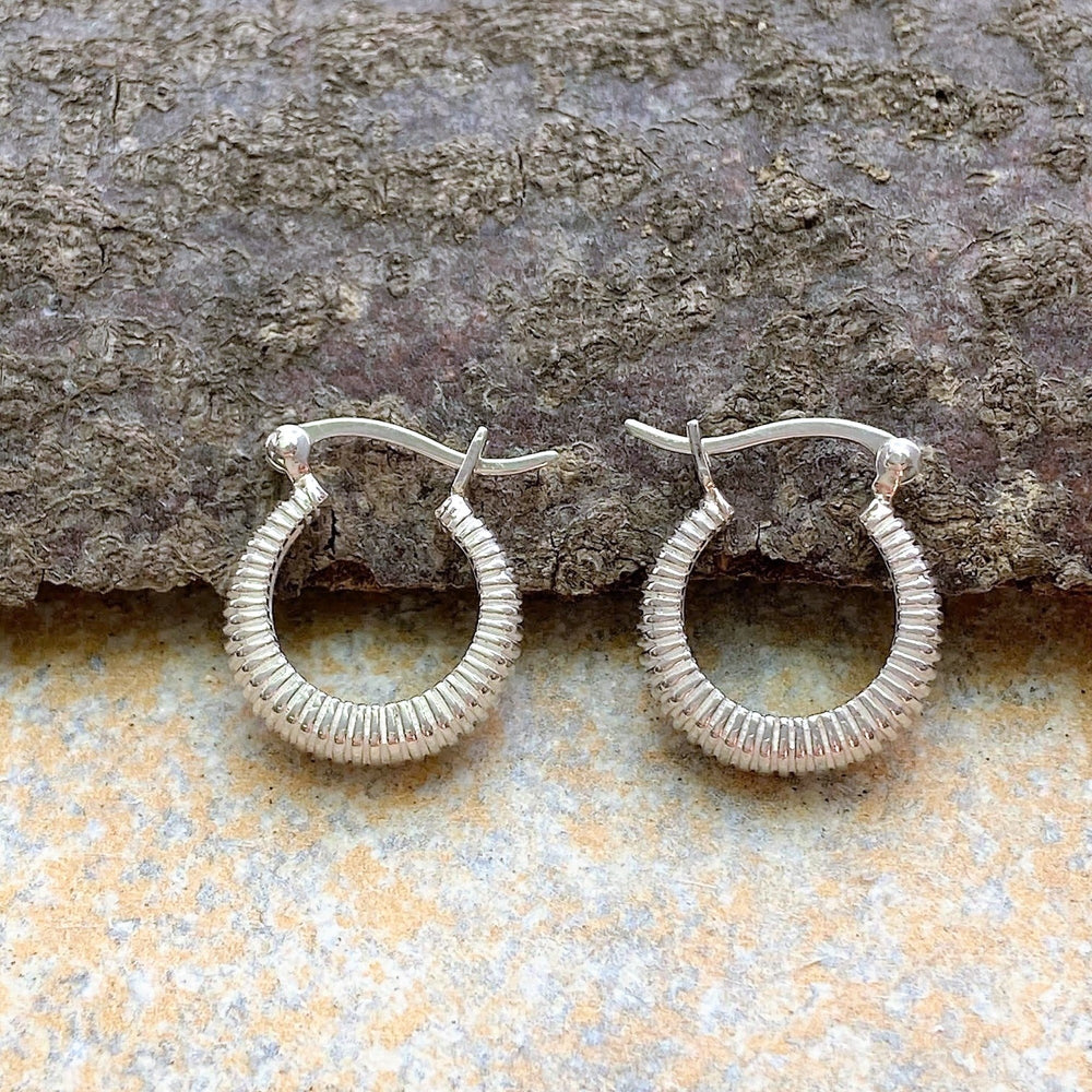 Small Ribbed Hoop Sterling Silver Earrings