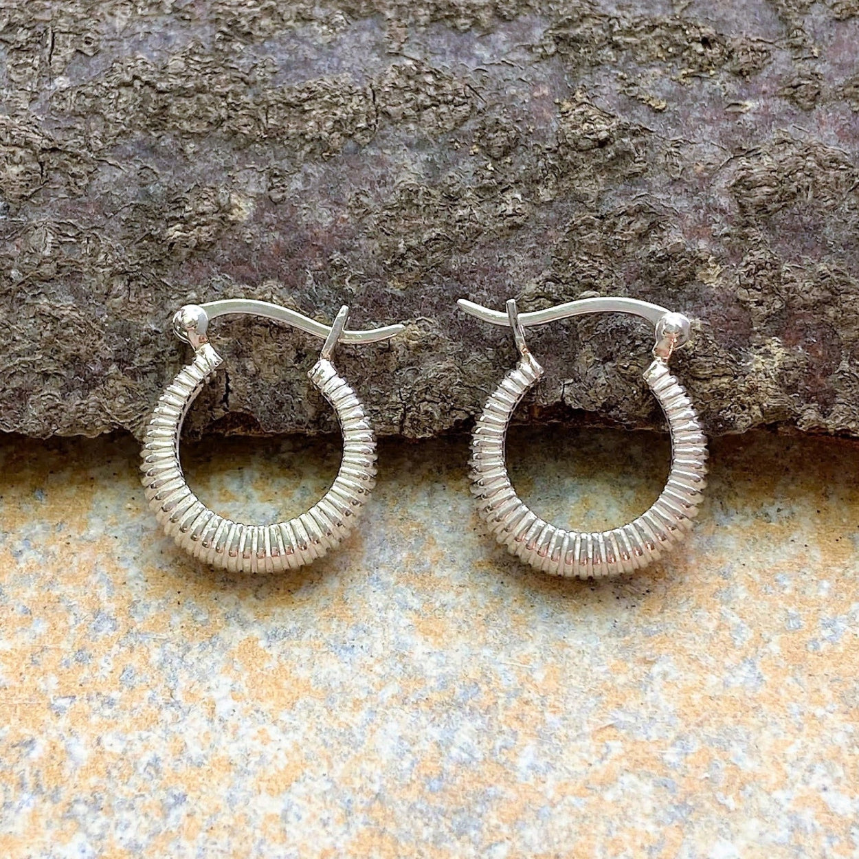 Small Ribbed Huggie Hoop Silver Earrings