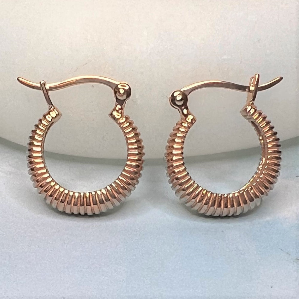 
            
                Load image into Gallery viewer, Small Ribbed Hoop Rose Gold  Silver Earrings
            
        