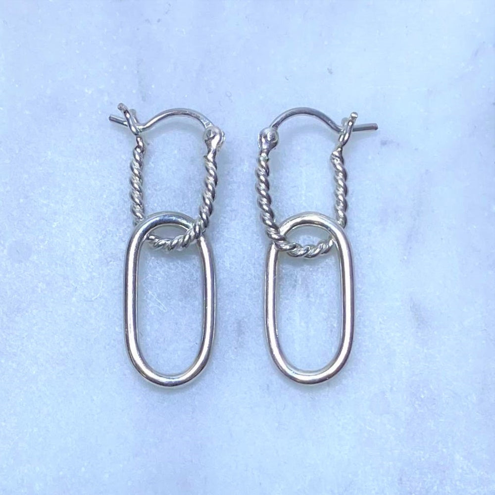 
            
                Load image into Gallery viewer, Double Hoop Rope Edged Silver Oval Drop Earrings
            
        