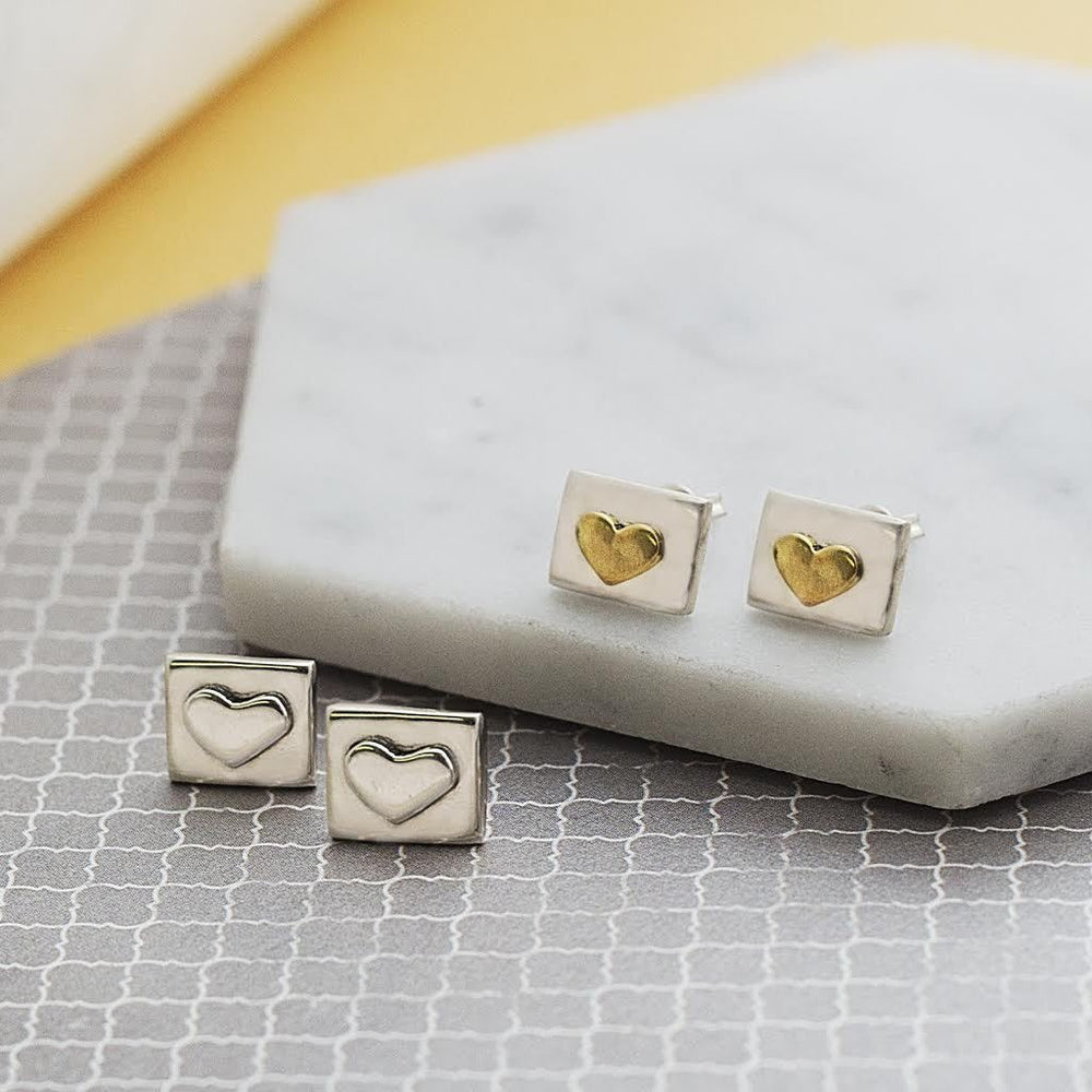 Silver Square Heart Stud Earrings - Otis Jaxon Silver Jewellery