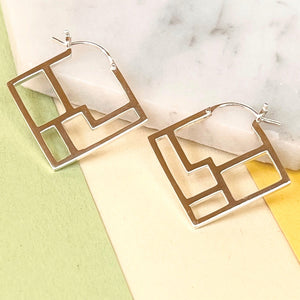 
            
                Load image into Gallery viewer, Products Art Deco Square Geometric Silver Hoop Earrings
            
        