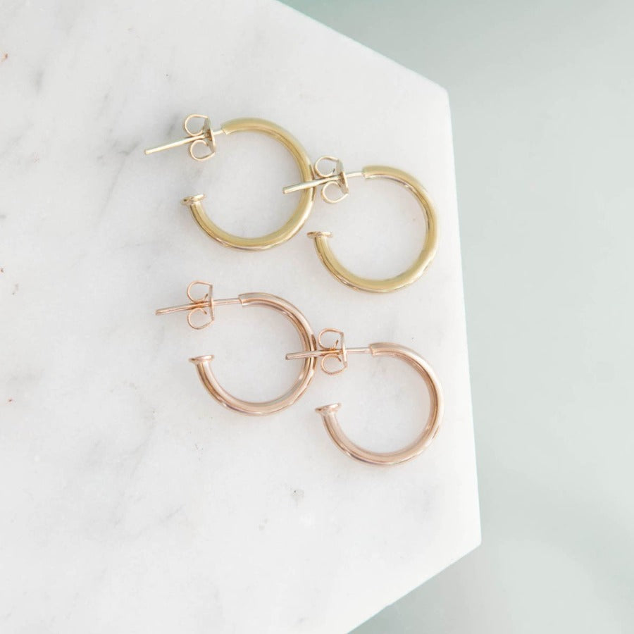
            
                Load image into Gallery viewer, Yellow/Rose Gold Sterling Silver Stud Hoops - Otis Jaxon Silver Jewellery
            
        