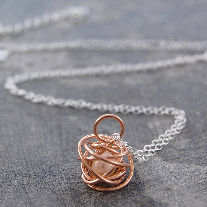 Caged Pearl Rose Gold Pendant Necklace in White - Otis Jaxon Silver Jewellery