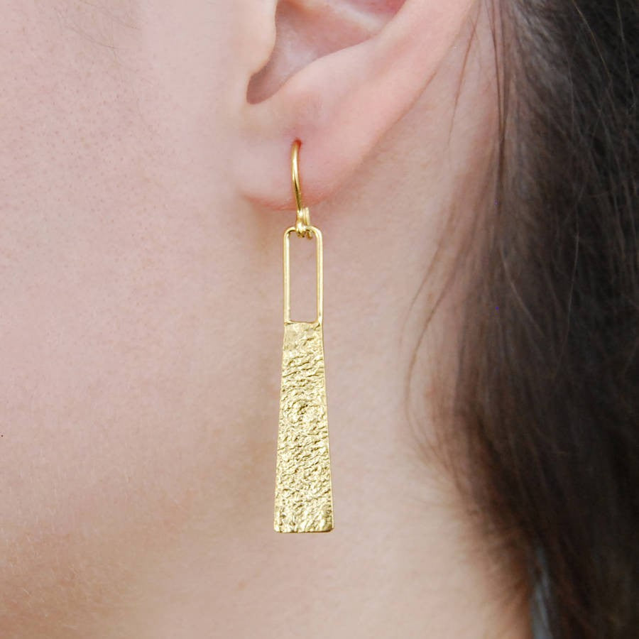 Hammered Grecian Long Drop Gold Earrings - Otis Jaxon Silver Jewellery