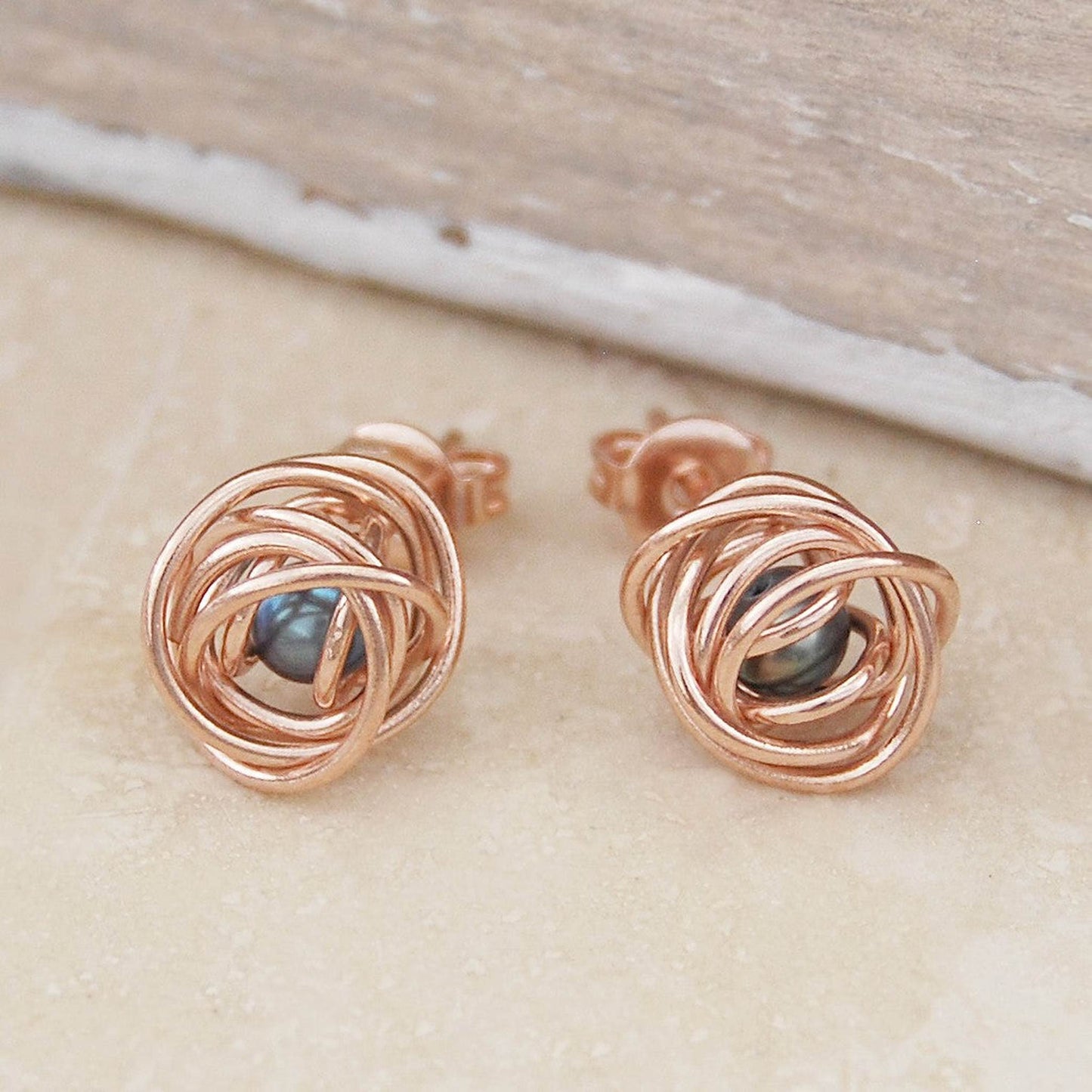 Rose Gold Caged Dark Pearl Stud Earrings. - Otis Jaxon Silver Jewellery