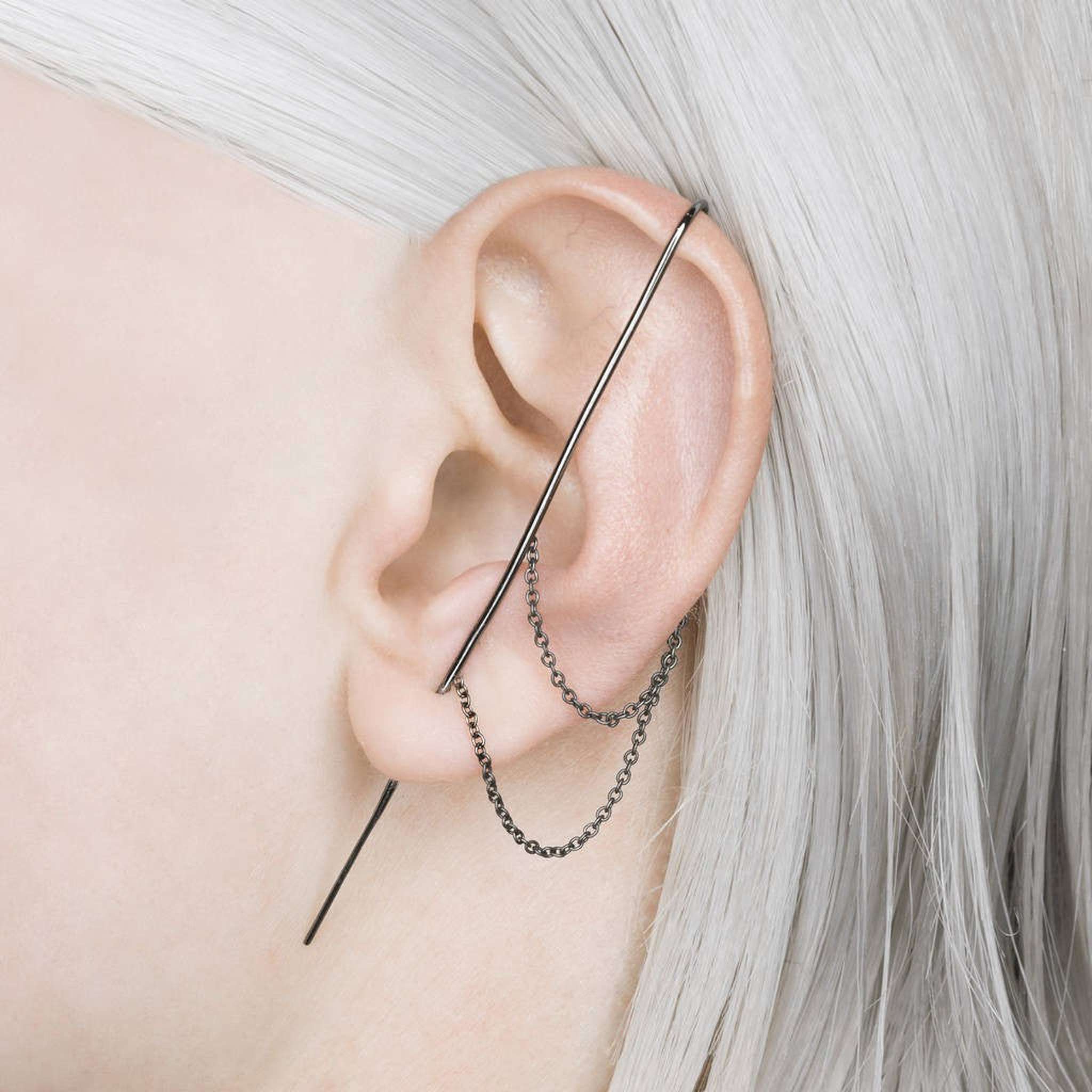 Black Oxidised Silver Double Chain Ear Pin Earrings – Otis Jaxon