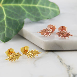 Holly Leaf Gold and  Rose Gold Stud Earrings - Otis Jaxon Silver Jewellery