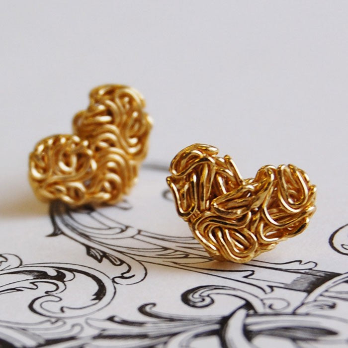 
            
                Load image into Gallery viewer, Mesh Heart Gold Stud Earrings - Otis Jaxon Silver Jewellery
            
        