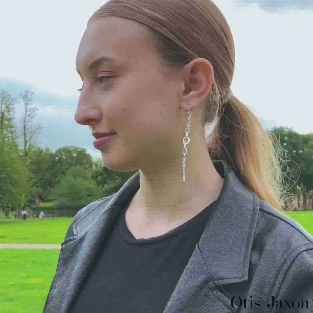 Long mixed chain silver drop earrings