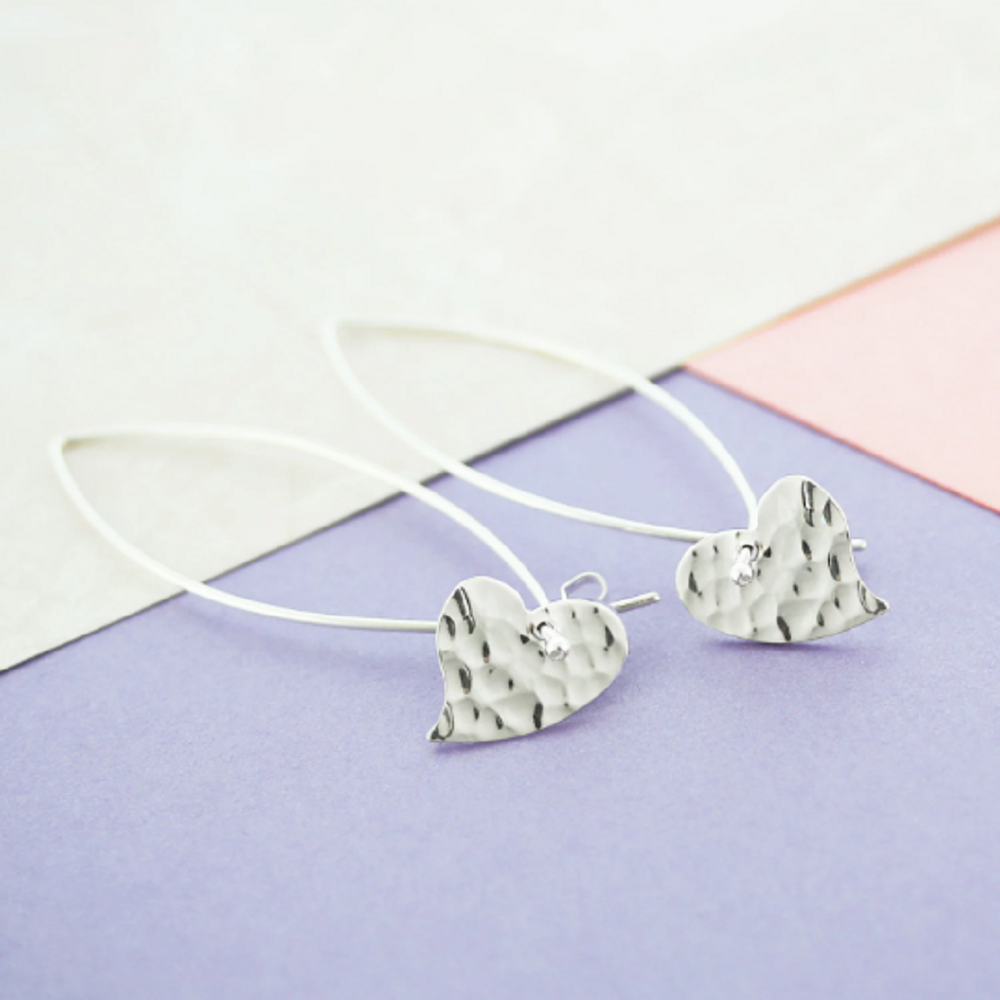 Ellipse Hammered Heart Silver Drop Earrings - Otis Jaxon Silver Jewellery