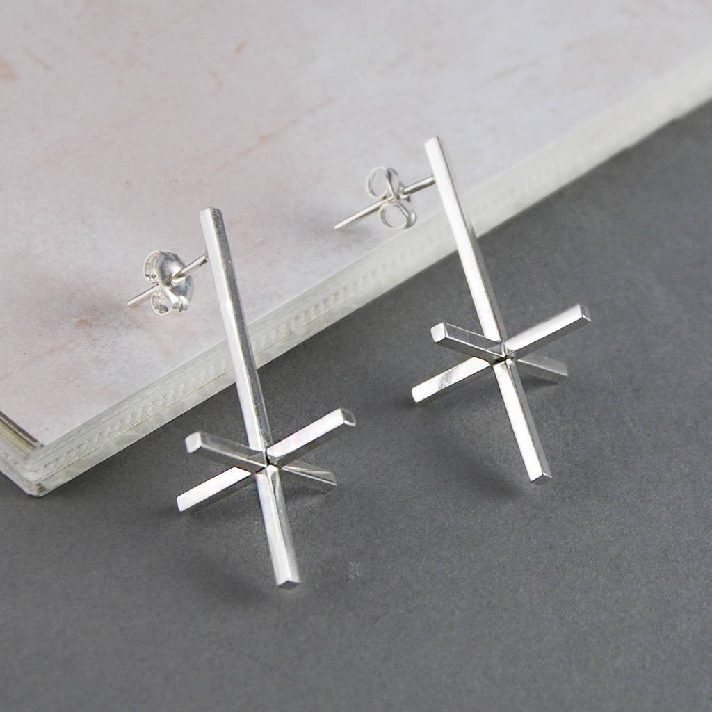 Long Bar Cross Sterling Silver Stud Earrings - Otis Jaxon Silver Jewellery