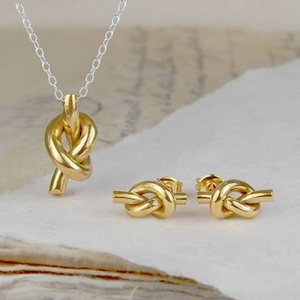 Handmade gold sterling silver love knot stud earring and pendant jewellery set