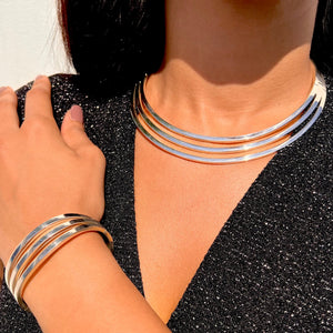 Three Bar Solid Sterling Silver Choker Necklace and bangle Jewelry Set