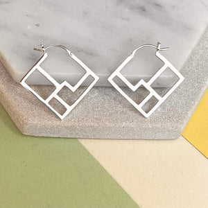
            
                Load image into Gallery viewer, Products Art Deco Square Geometric Silver Hoop Earrings
            
        