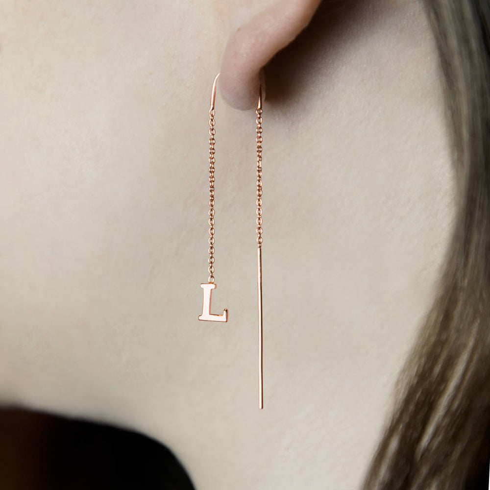 
            
                Load image into Gallery viewer, Personalised Rose Gold Initial Threader Chain Drop Earrings - Otis Jaxon Silver Jewellery
            
        