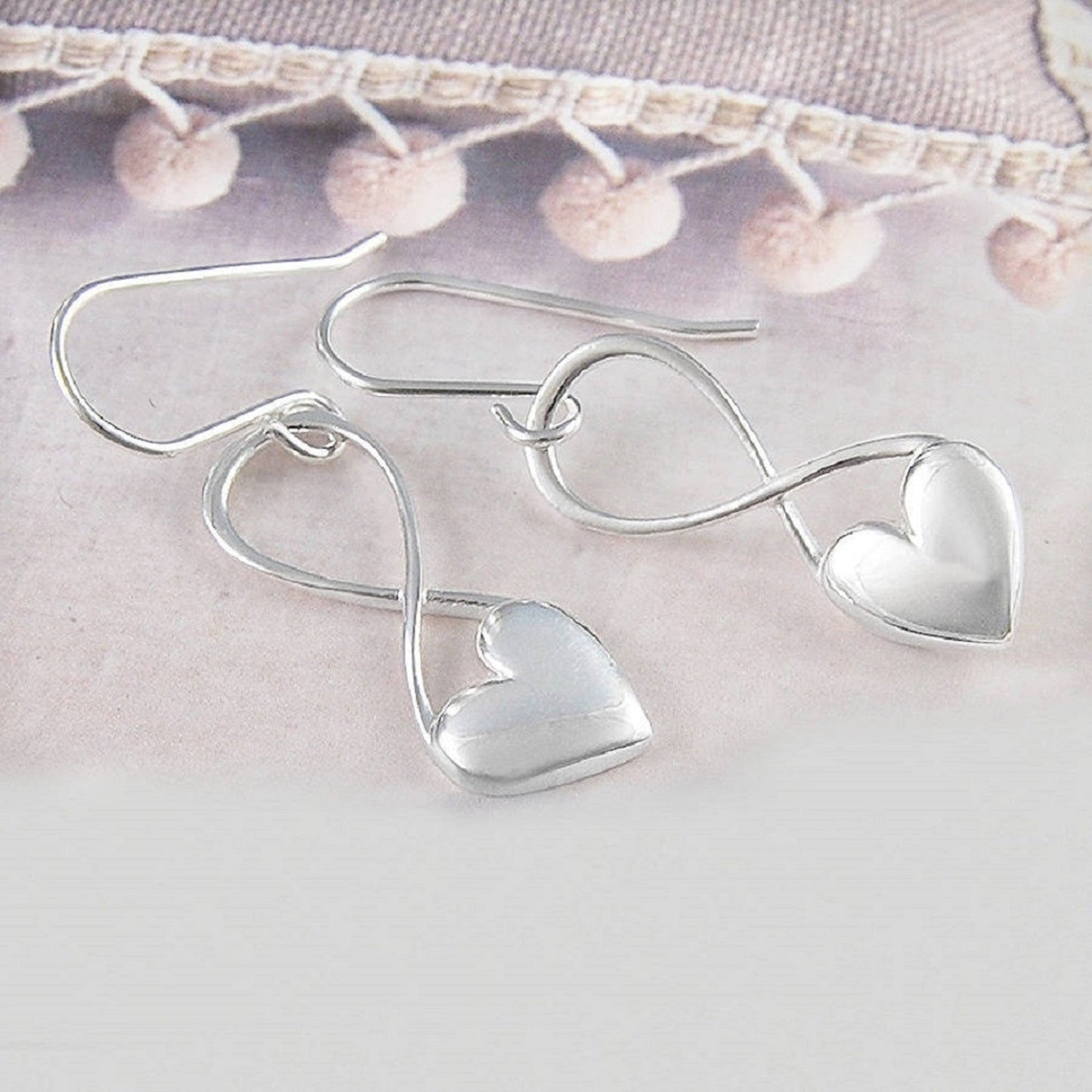 Puffed Heart Sterling Silver Valentines Drop Earrings