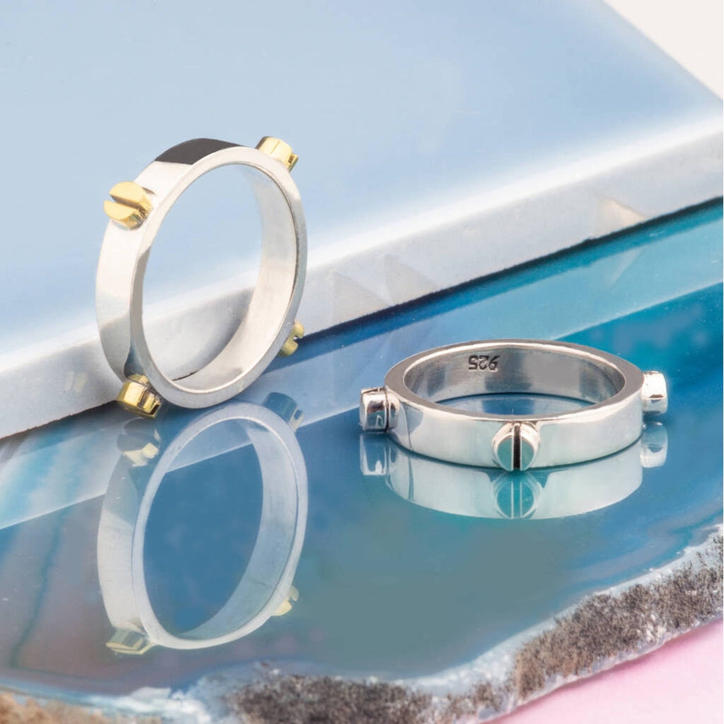 Silver and Gold Raised Screw Rings - Otis Jaxon Silver Jewellery