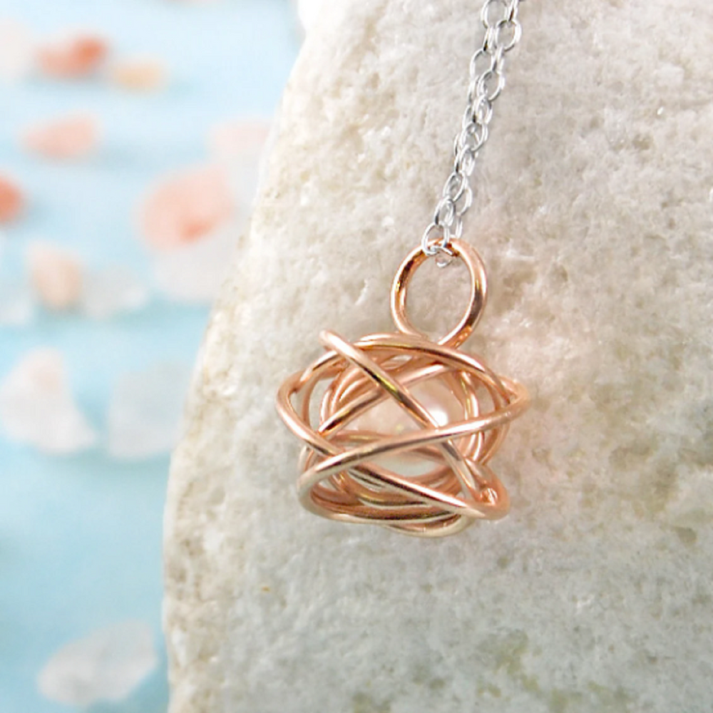 Caged Pearl Gold Knot Necklace in White - Otis Jaxon Silver Jewellery