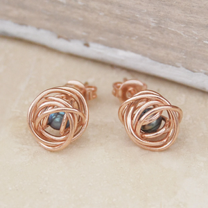 Rose gold  wire wrapped caged pearl stud earrings